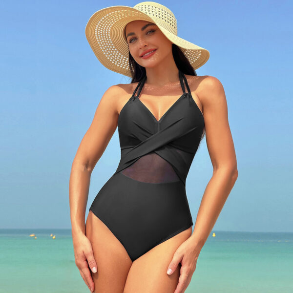 Halter-neck One-piece Swimsuit Summer Solid Color Cross-strap Design Mesh Bikini Beach Vacation Womens Clothing - Image 2